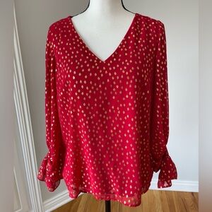 1. State red blouse for gold polka dot pattern V-neck lined size small office